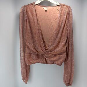 Willow Root Metallic Rose Gold Long Sleeve Twist Front Top Size Small